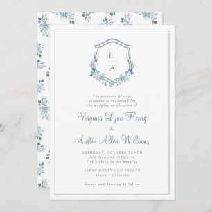 Monogram Blue Floral Wedding Invitation
