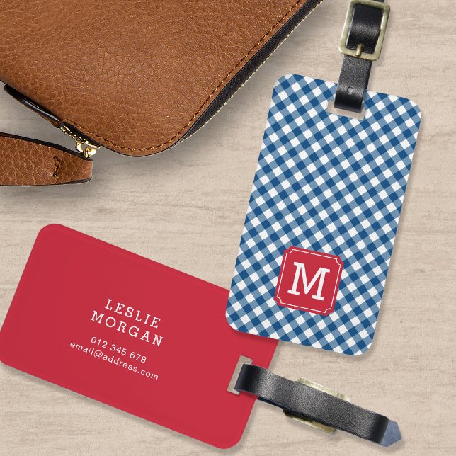 Monogram Blue Gingham and Red Luggage Tag (Creator Uploaded)