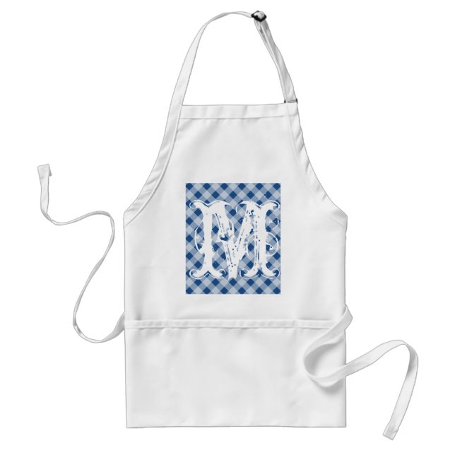 Monogram blue gingham short aprons for men & women (Front)