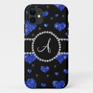 Monogram blue glitter hearts black diamonds circle Case-Mate iPhone case