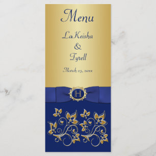 Monogram Blue, Gold Floral Menu Card