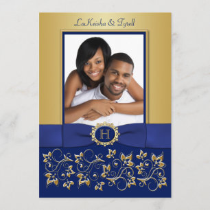 Monogram Blue, Gold Floral Photo Wedding Invite