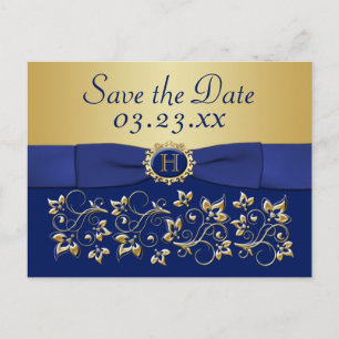 Monogram Blue, Gold Floral Save the Date Post Card
