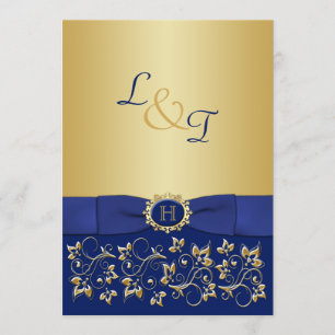 Monogram Blue, Gold Floral Scroll Wedding Invite