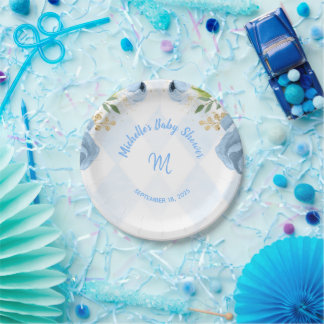 Monogram Blue Gold Floral Watercolor Baby Shower Paper Plate