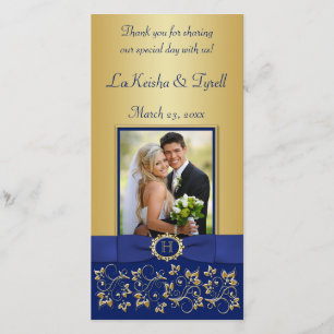 Monogram Blue, Gold Floral Wedding Photo Card