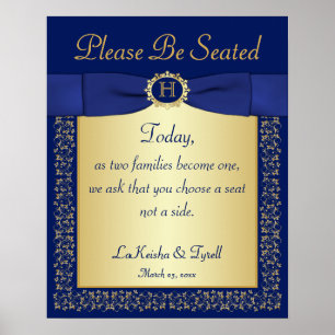 Monogram Blue, Gold Floral Wedding Sign for Church