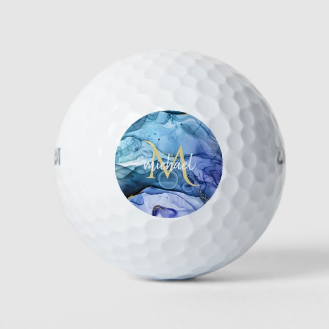 Monogram Blue & Gold Fluid Alcohol Ink Gel  Golf Balls (Front)