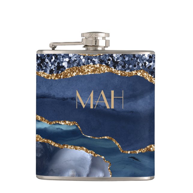 Monogram Blue Gold Glitter Agate Marble Glam Bling Hip Flask (Front)