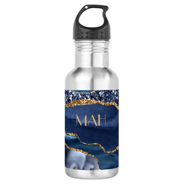 Monogram Blue Gold Glitter Agate Marble Trendy   532 Ml Water Bottle (Front)