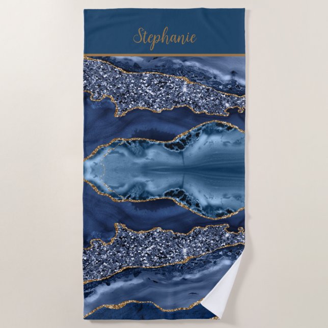 Monogram Blue Gold Glitter Agate Pattern Trendy  Beach Towel (Front)