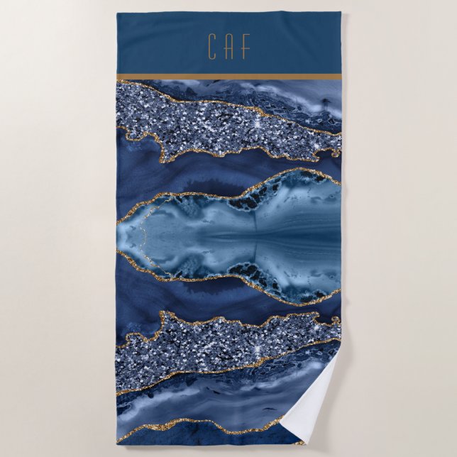 Monogram Blue Gold Glitter Agate Pattern Trendy  Beach Towel (Front)