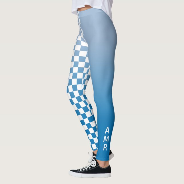 Monogram Blue Gradient White Chequered Pattern Leggings (Left)
