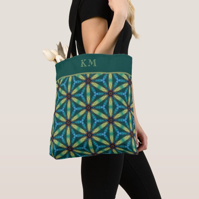 Monogram Blue Green Abstract Floral Chic Girly  Tote Bag (Close Up)