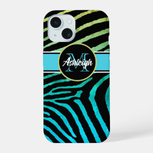 Monogram Blue, Green, Black Zebra Stripes iPhone 15 Case