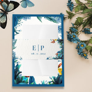 Monogram Blue Green Botanical Butterfly Wedding Invitation Belly Band
