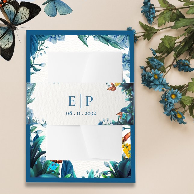 Monogram Blue Green Botanical Butterfly Wedding Invitation Belly Band (Monogram Blue Green Botanical Butterfly Wedding Invitation Belly Band)