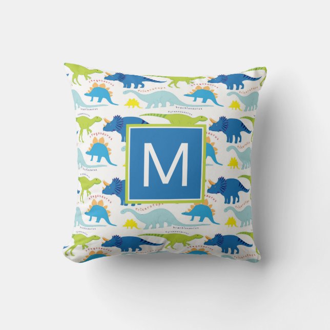 Monogram | Blue & Green Dinosaurs Cushion (Front)