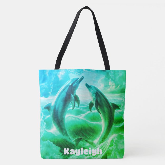 Monogram Blue & Green Dolphins Ocean | Tote Bag (Front)