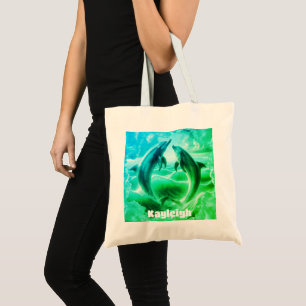 Monogram Blue & Green Dolphins Ocean Tote Bag