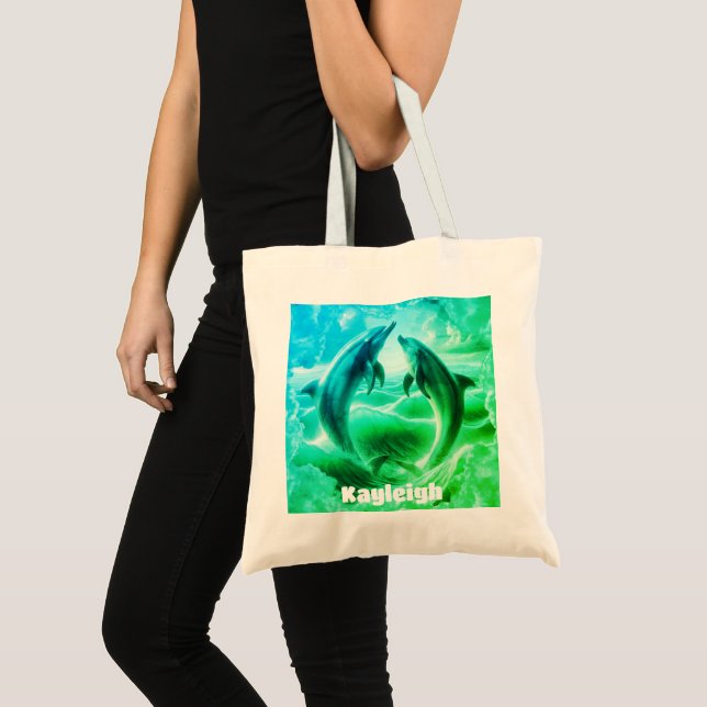 Monogram Blue & Green Dolphins Ocean | Tote Bag (Front (Product))