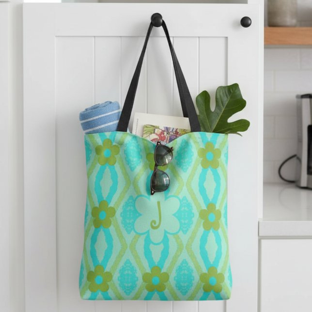 Monogram Blue Green Gold Diamonds & Flowers Tote Bag (A fun little bag for just about any occasion. From teens to grandmothers and all in-between.)