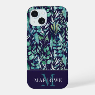 Monogram Blue Green Watercolor Botanical Pattern iPhone 15 Case