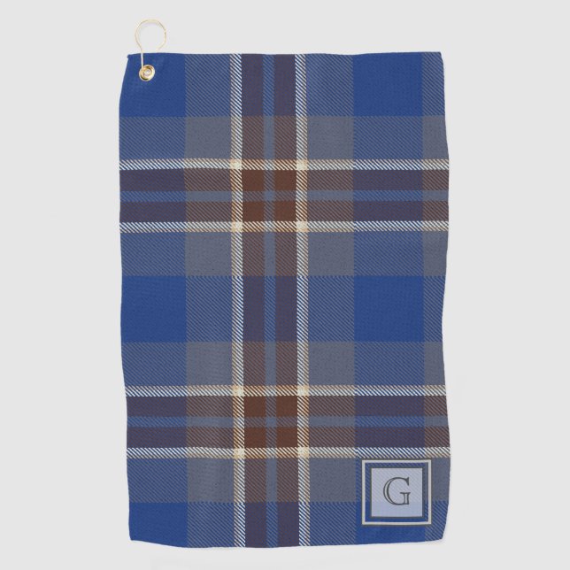 Monogram Blue Grey Tartan Gifts For Men Customised Golf Towel (Front)