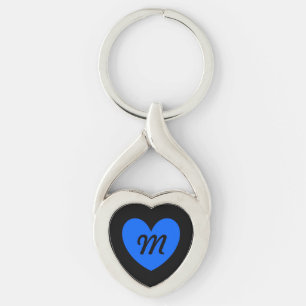 Monogram Blue heart on black Key Ring