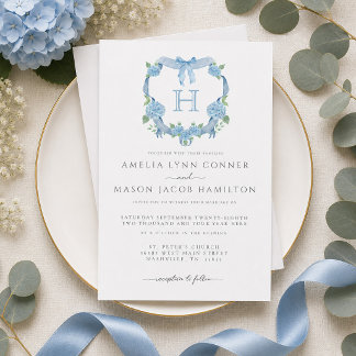 Monogram Blue Hydrangea Floral Crest Wedding Invitation
