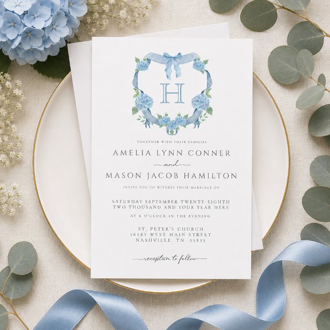Monogram Blue Hydrangea Floral Crest Wedding Invitation (Monogram Blue Hydrangea Floral Crest Wedding Invitation)