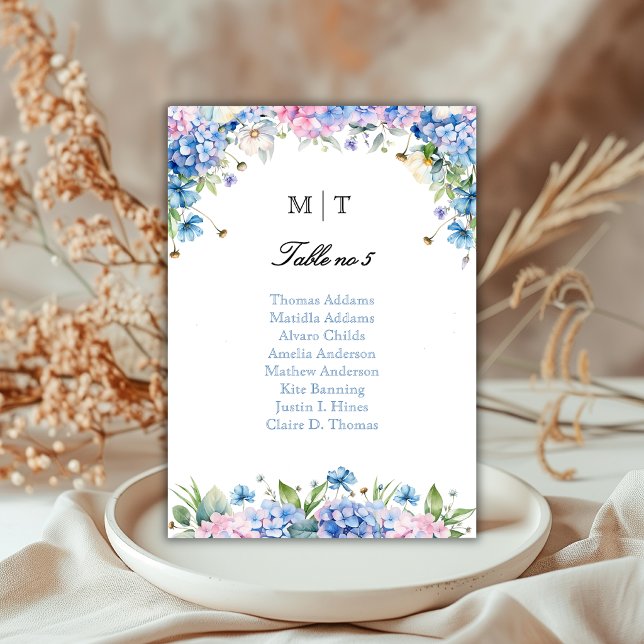 Monogram Blue Hydrangea Table Seating Chart Card (Creator Uploaded)