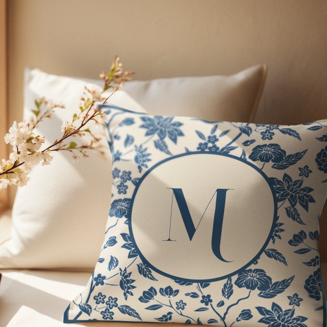 Monogram Blue Ivory Chinoiserie Floral Pattern Cushion (Creator Uploaded)