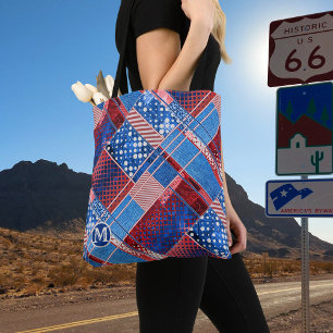 Monogram Blue Jeans Patchwork Pattern Tote Bag