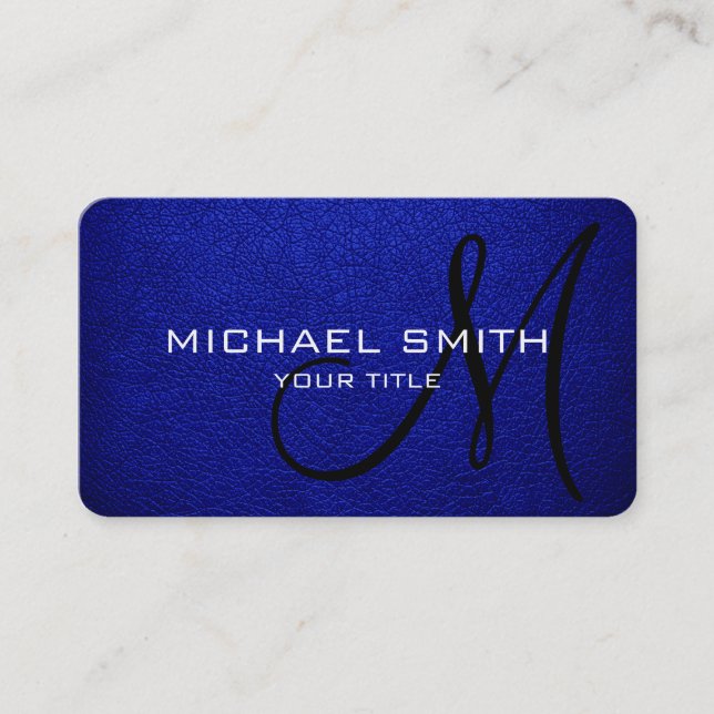 Monogram Blue Leather Look Business Card (Front)