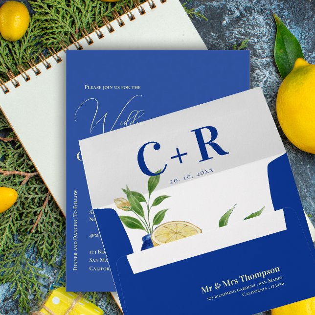 Monogram Blue Lemon Floral Mediterranean Wedding Envelope (Monogram Blue Lemon Floral Mediterranean Wedding Envelope)