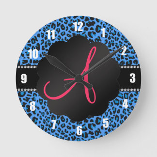 Monogram blue leopard pattern round clock