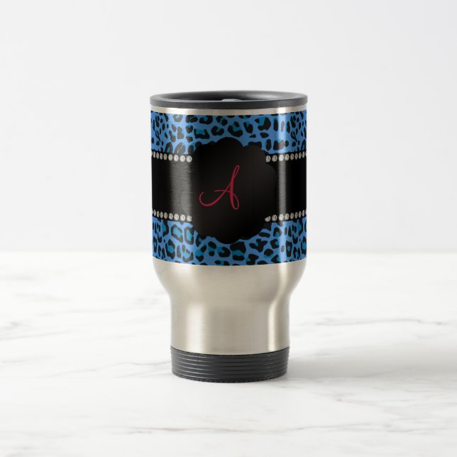 Monogram blue leopard pattern travel mug (Center)