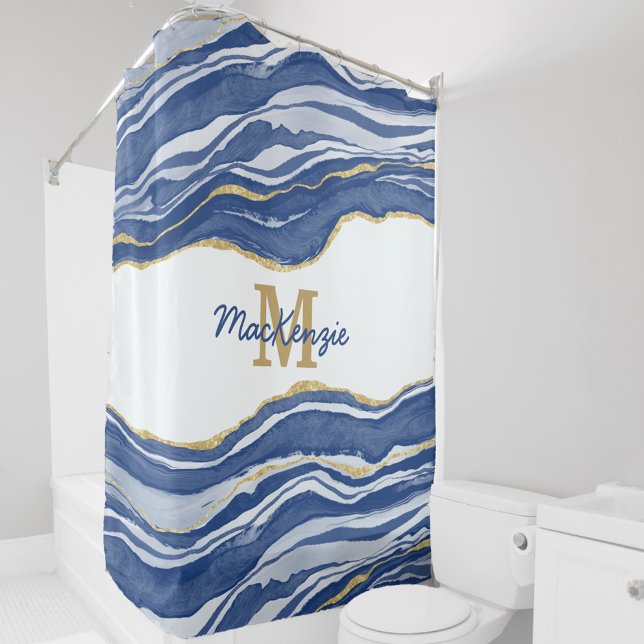 Monogram Blue Marble Agate Gold Glitter Shower Curtain (Modern watercolor agate marble blue and white nautical personalized monogram initial shower curtain)