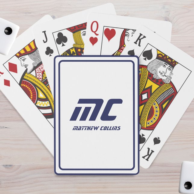 Monogram Blue Minimalist Name Modern Text Men's Playing Cards (Monogram Blue Minimalist Name Modern Text Men's Poker Cards)
