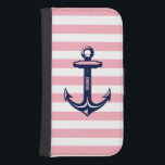 Monogram Blue Nautical Anchor Pastel Pink Stripe Samsung S4 Wallet Case<br><div class="desc">Elegant design with blue and white nautical boat anchor with pastel pink and white stripes background. Optional monogram.</div>