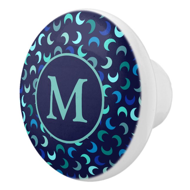 Monogram Blue New Moon Pattern Ceramic Knob (Right)