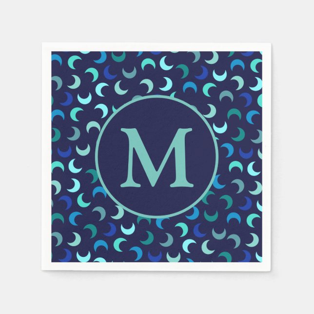 Monogram Blue New Moon Pattern Napkin (Front)