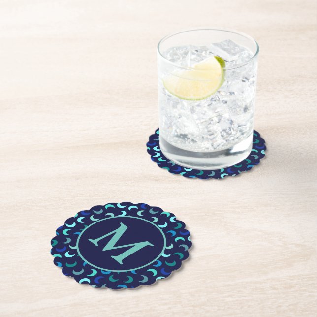 Monogram Blue New Moon Pattern Paper Coaster (Insitu)
