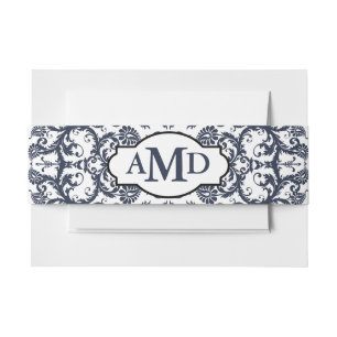 Monogram Blue Opulence Floral Damask Invitation Belly Band