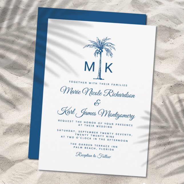 Monogram Blue Palm Tree Formal Beach Wedding Invitation (Elegant Monogram Palm Tree Formal Beach Wedding Invitation)