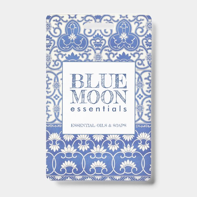 Monogram Blue Pattern Essential Oils Soaps Gift Ca ID Badge (Front)