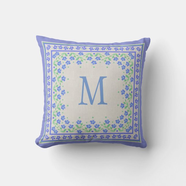 Monogram Blue Periwinkles Floral Border Faux Linen Cushion (Front)