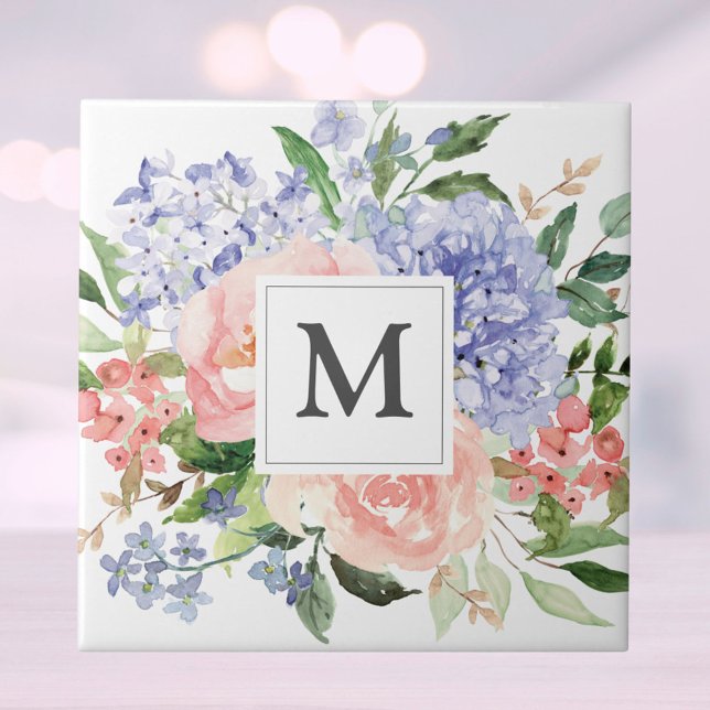 Monogram Blue Pink Hydrangea Peony Spring Floral Tile (Close up)