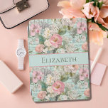 Monogram Blue Pink White Floral Shabby Chic iPad Air Cover<br><div class="desc">A lovely pattern with pink and white florals over blue background with sheet music in the design. A shabby chic Victorian design. Monogram it with your name.</div>